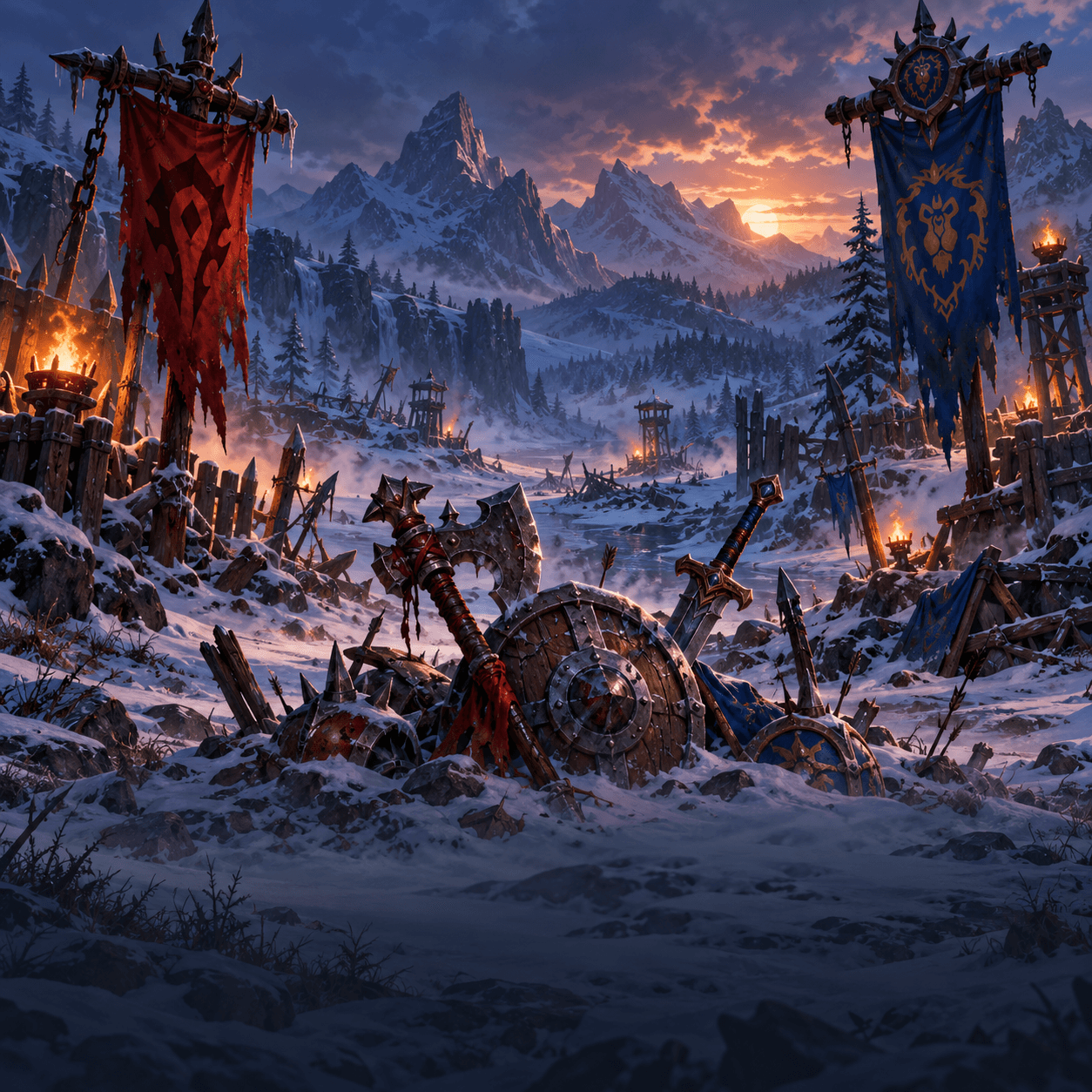 Illustration einer winterlichen Front mit Bannern von Horde und Allianz.
