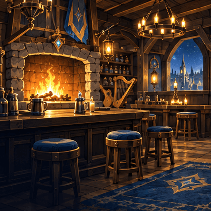Illustration einer gemütlichen Taverne mit Kamin, Tresen und Allianz-Bannern.